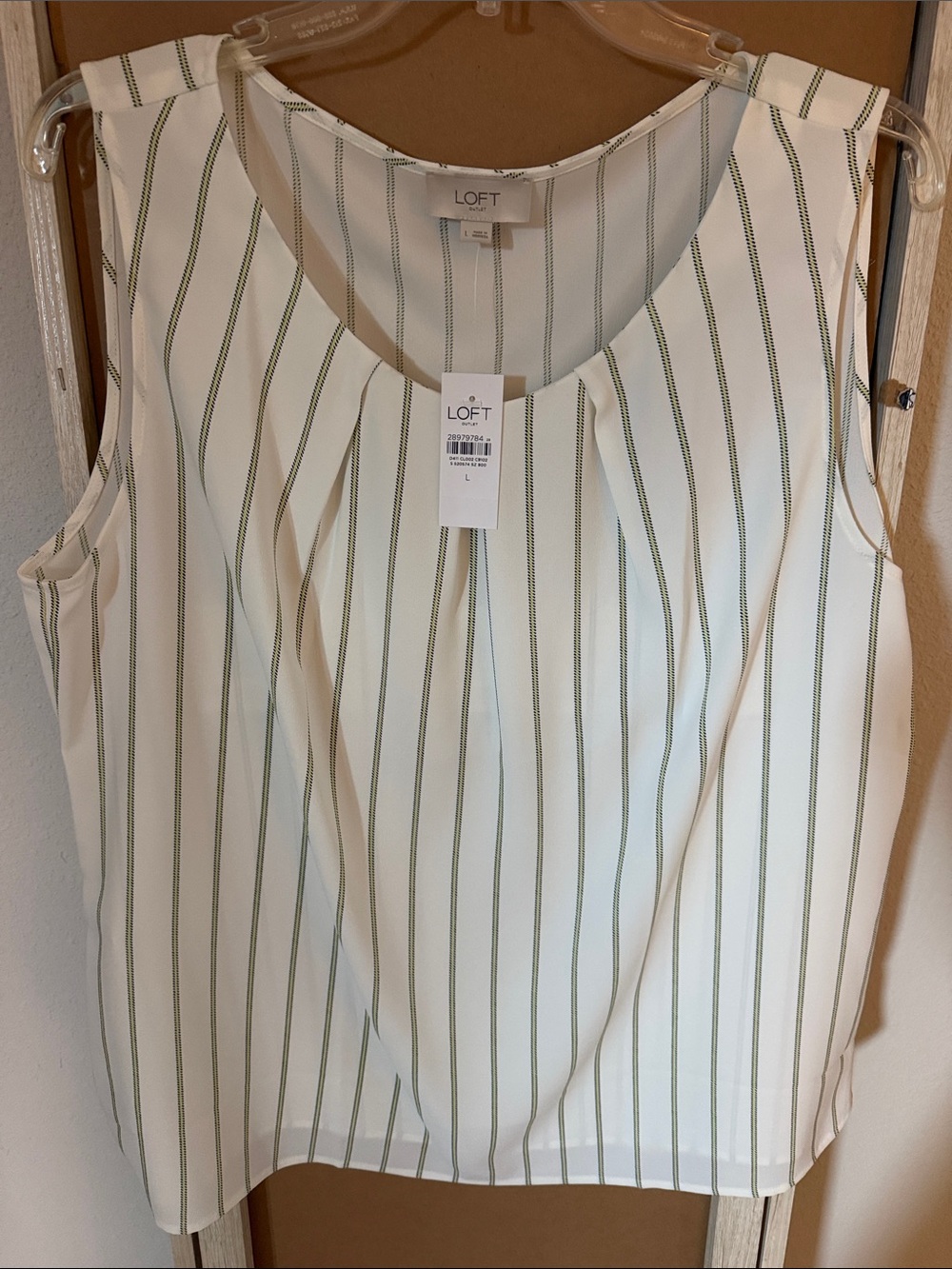 LOFT Cream Sleeveless Striped Camisole with Green Pinstripes